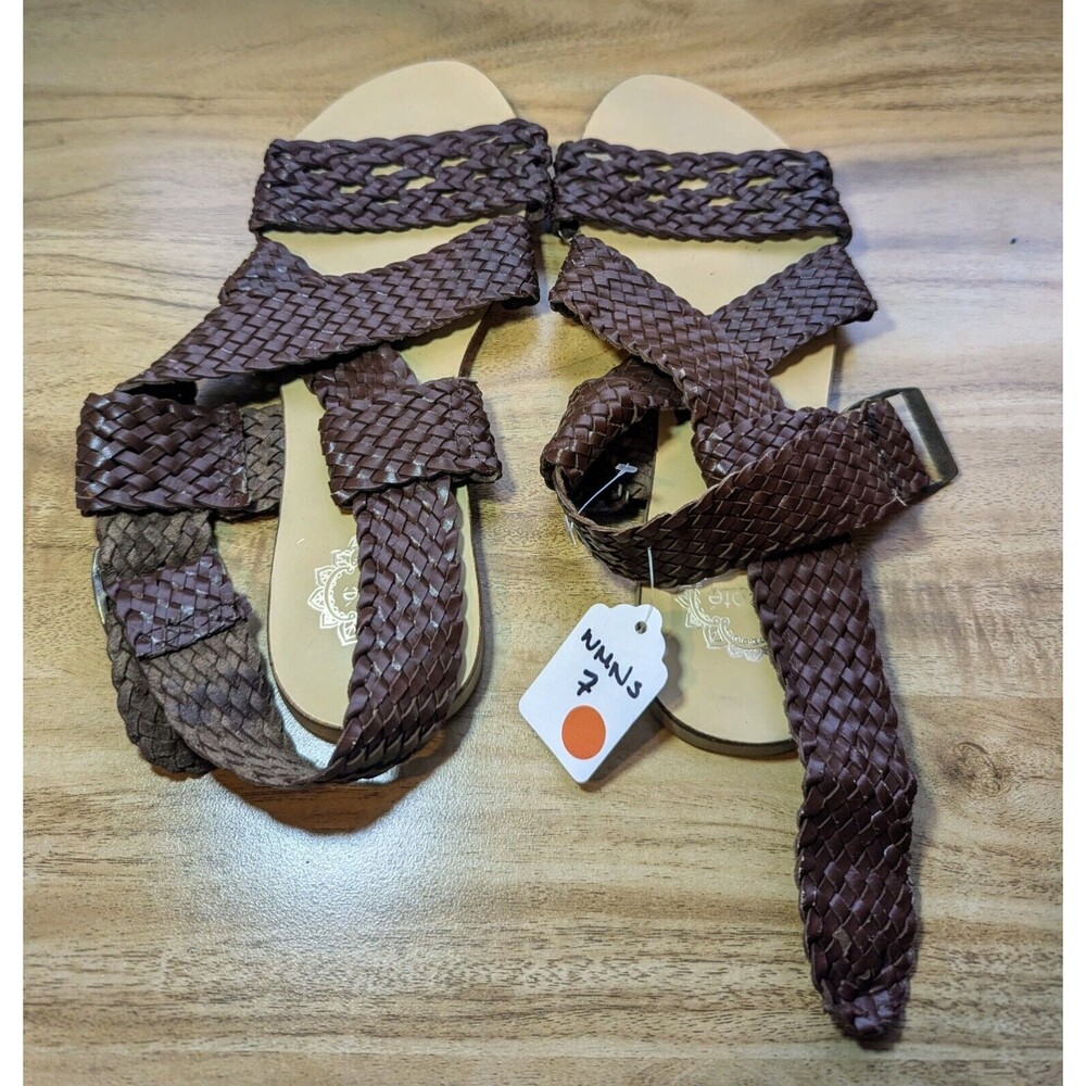 ECOTE Braided Strappy Genuine Leather Sandal Brown Sz 7 Resort Vacation (R06)